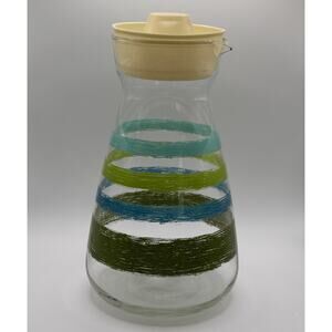 Vintage MCM Libbey Glass Juice Carafe Pitcher Green Blue Stripe with Lid - RARE